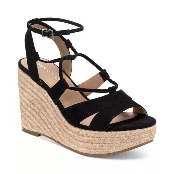SUN STONE Shoes - SUN STONE Womens Black Padded Tinsleyy Round Toe Wedge Espadrille Shoes 11 M